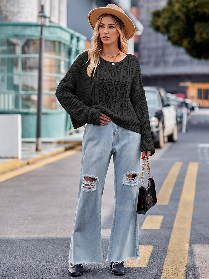 Round Neck Cable-Knit Sweater BLUE ZONE PLANET