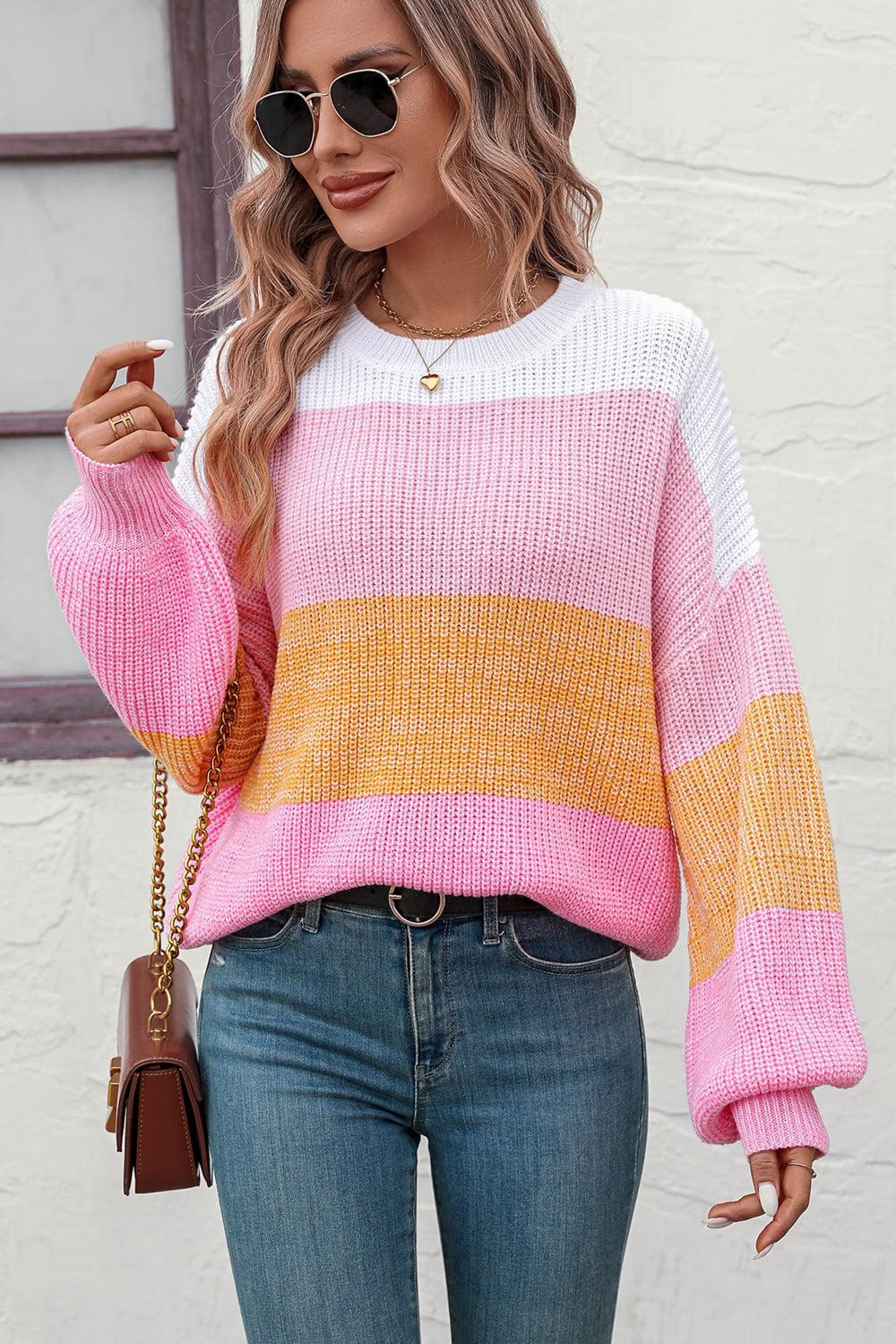 Round Neck Color Block Ribbed Pullover Sweater BLUE ZONE PLANET