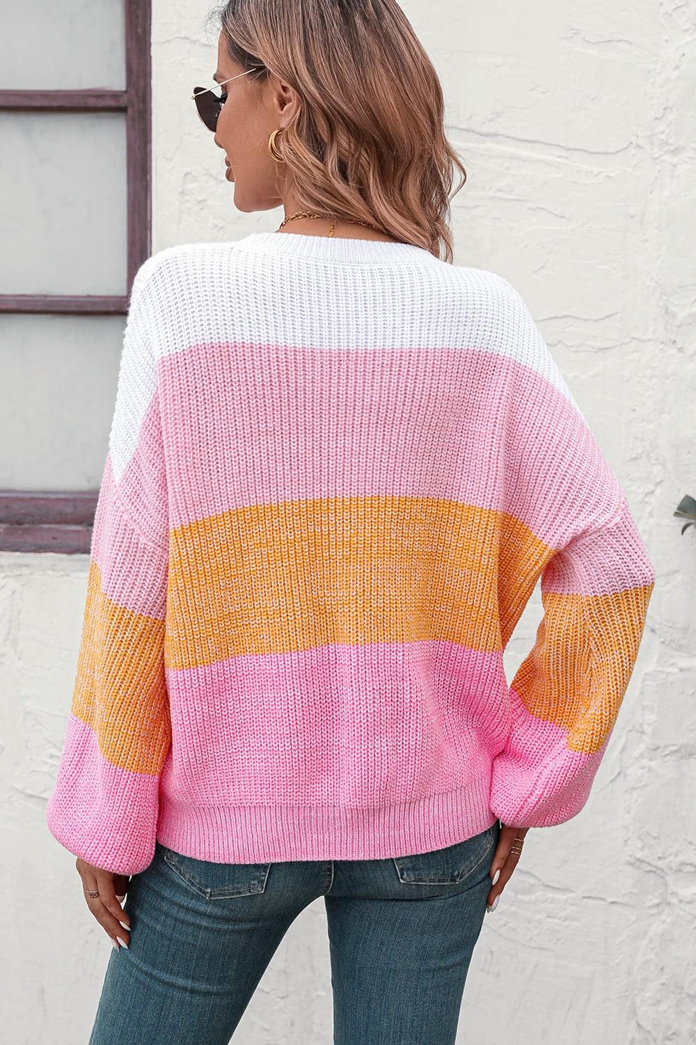 Round Neck Color Block Ribbed Pullover Sweater BLUE ZONE PLANET
