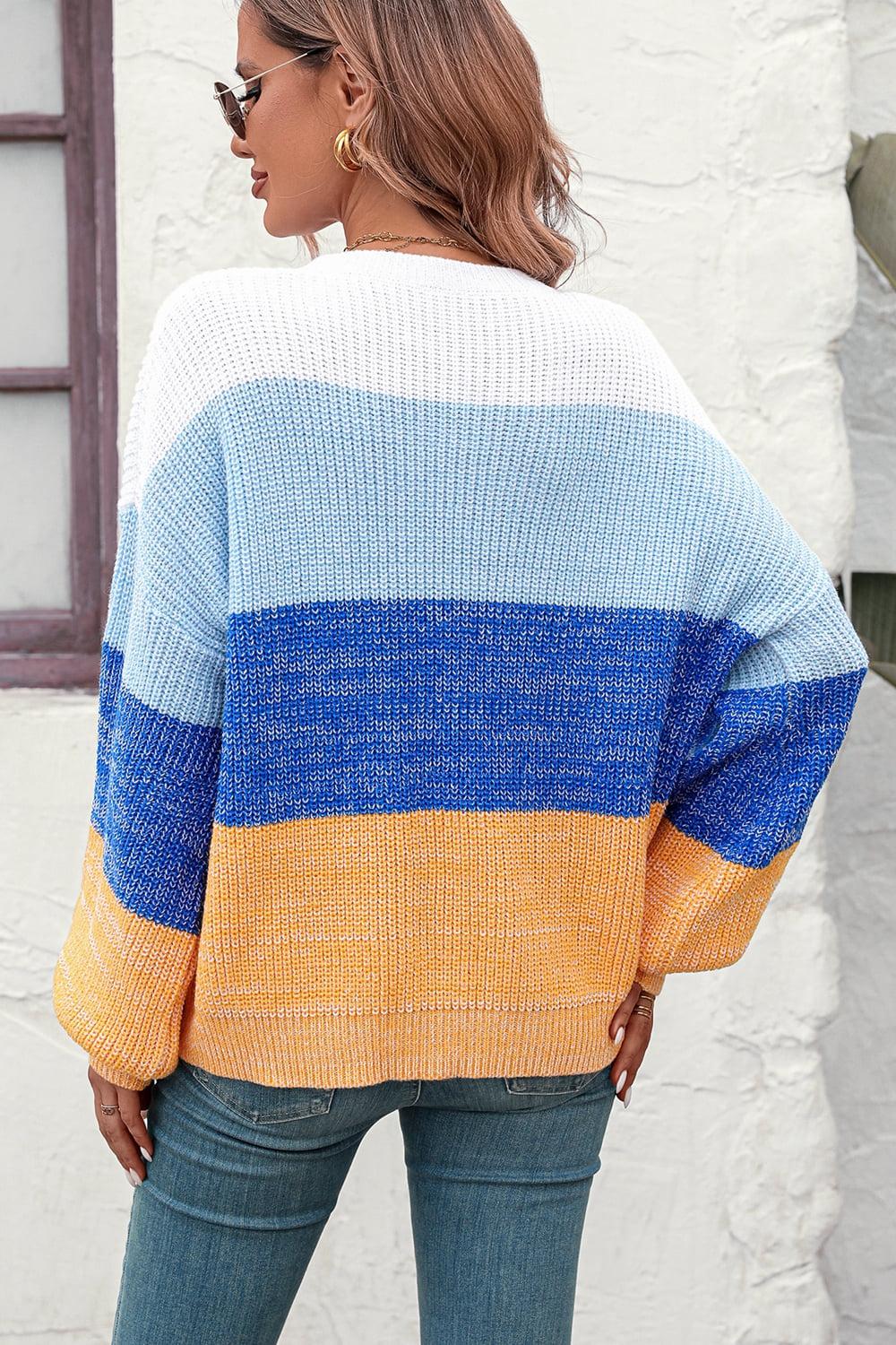 Round Neck Color Block Ribbed Pullover Sweater BLUE ZONE PLANET