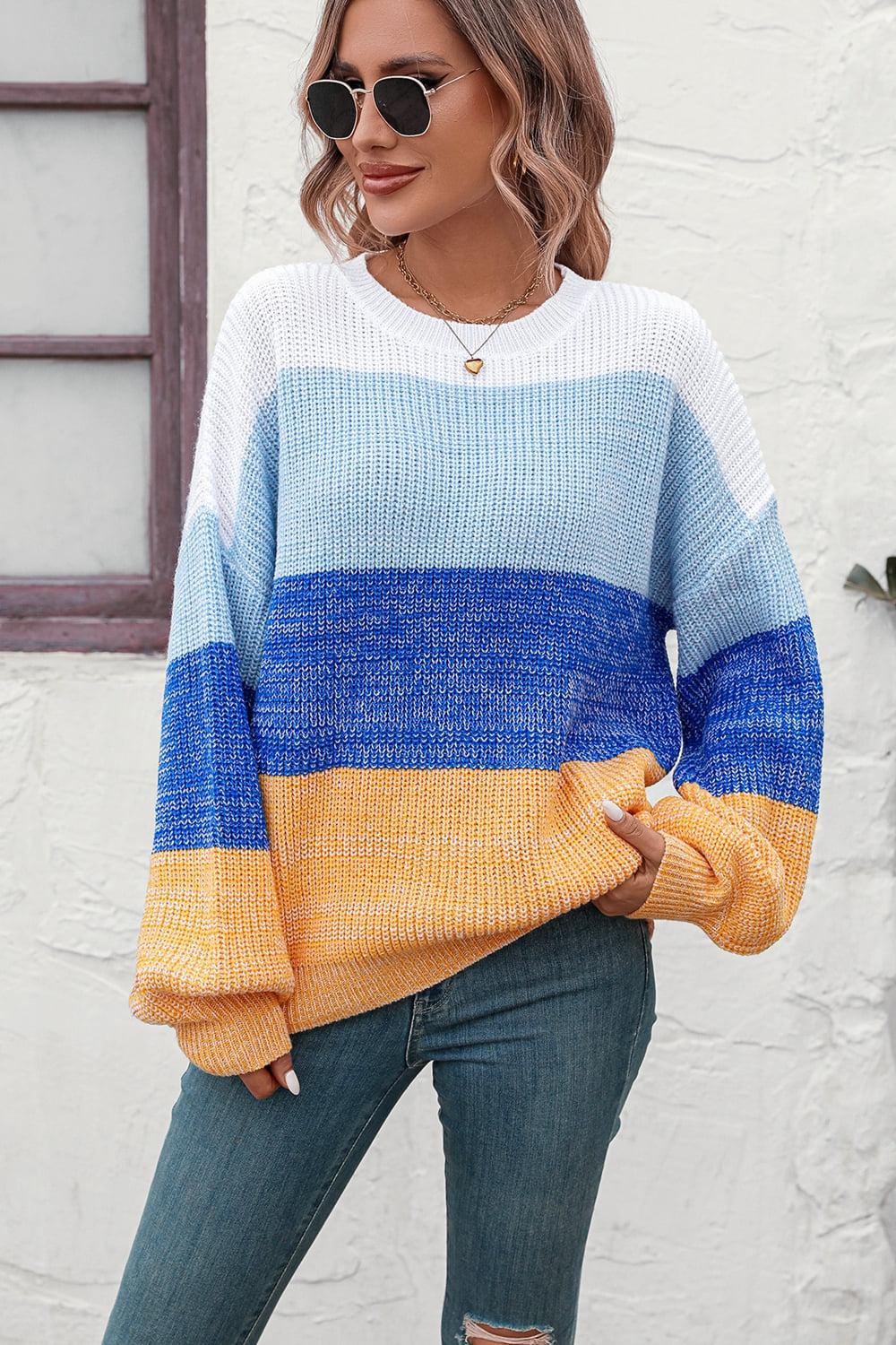 Round Neck Color Block Ribbed Pullover Sweater BLUE ZONE PLANET