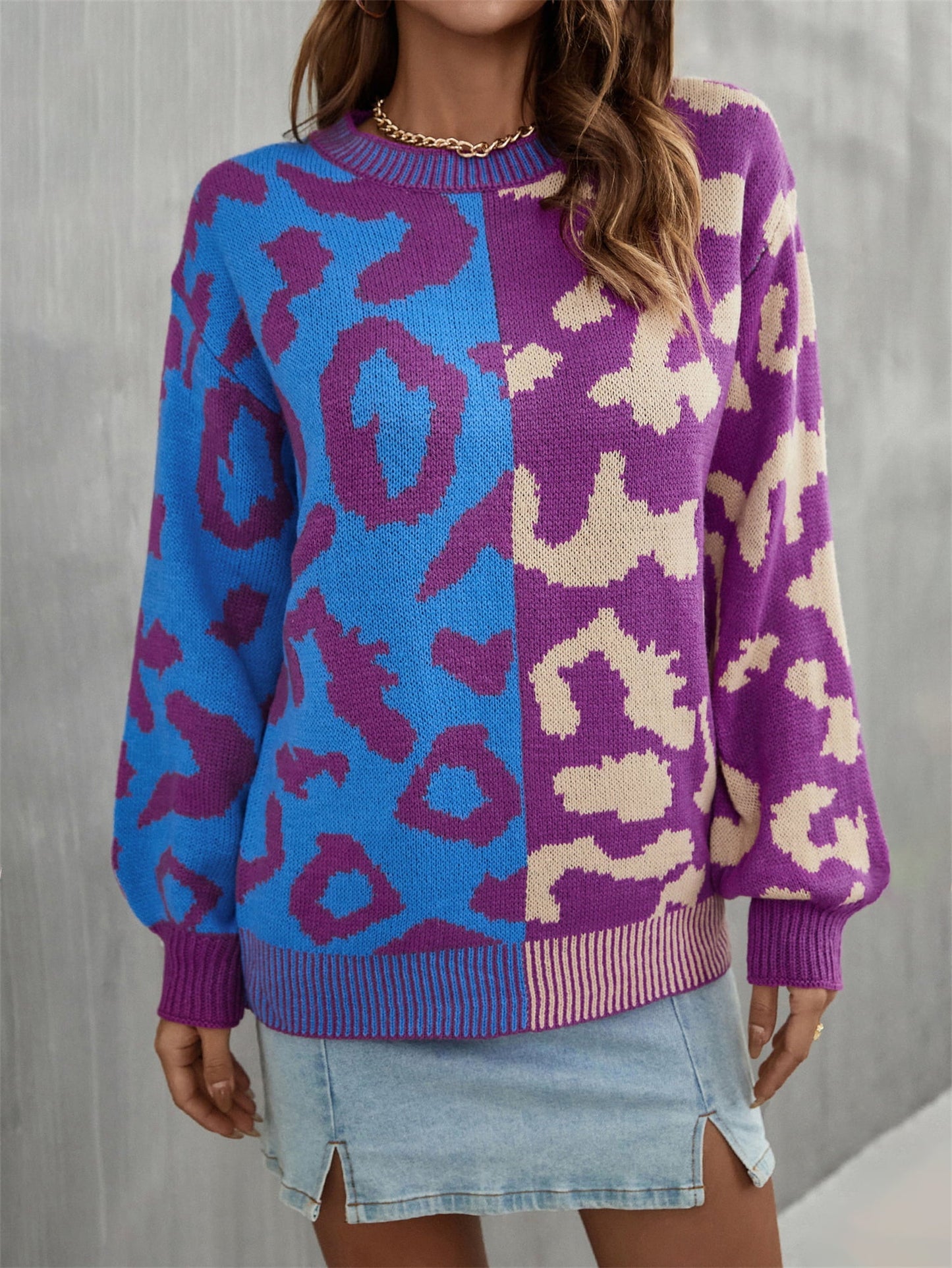 Round Neck Contrast Color Dropped Shoulder Sweater BLUE ZONE PLANET