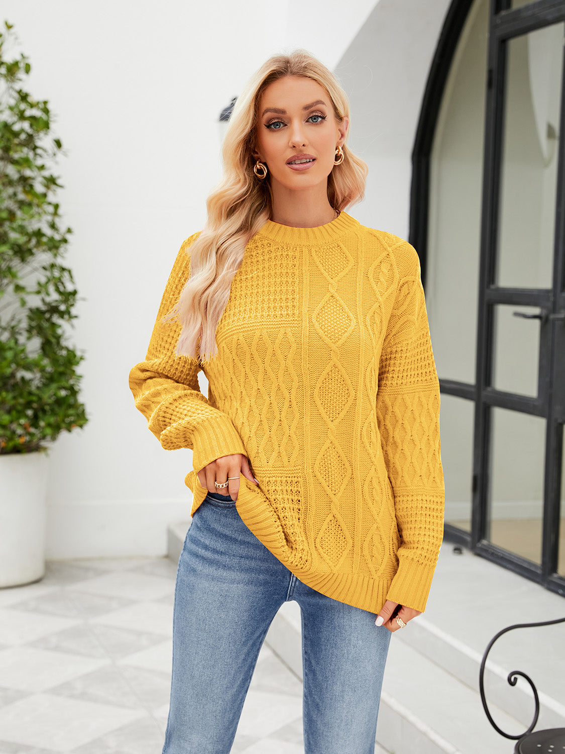 Round Neck Dropped Shoulder Ribbed Sweater BLUE ZONE PLANET