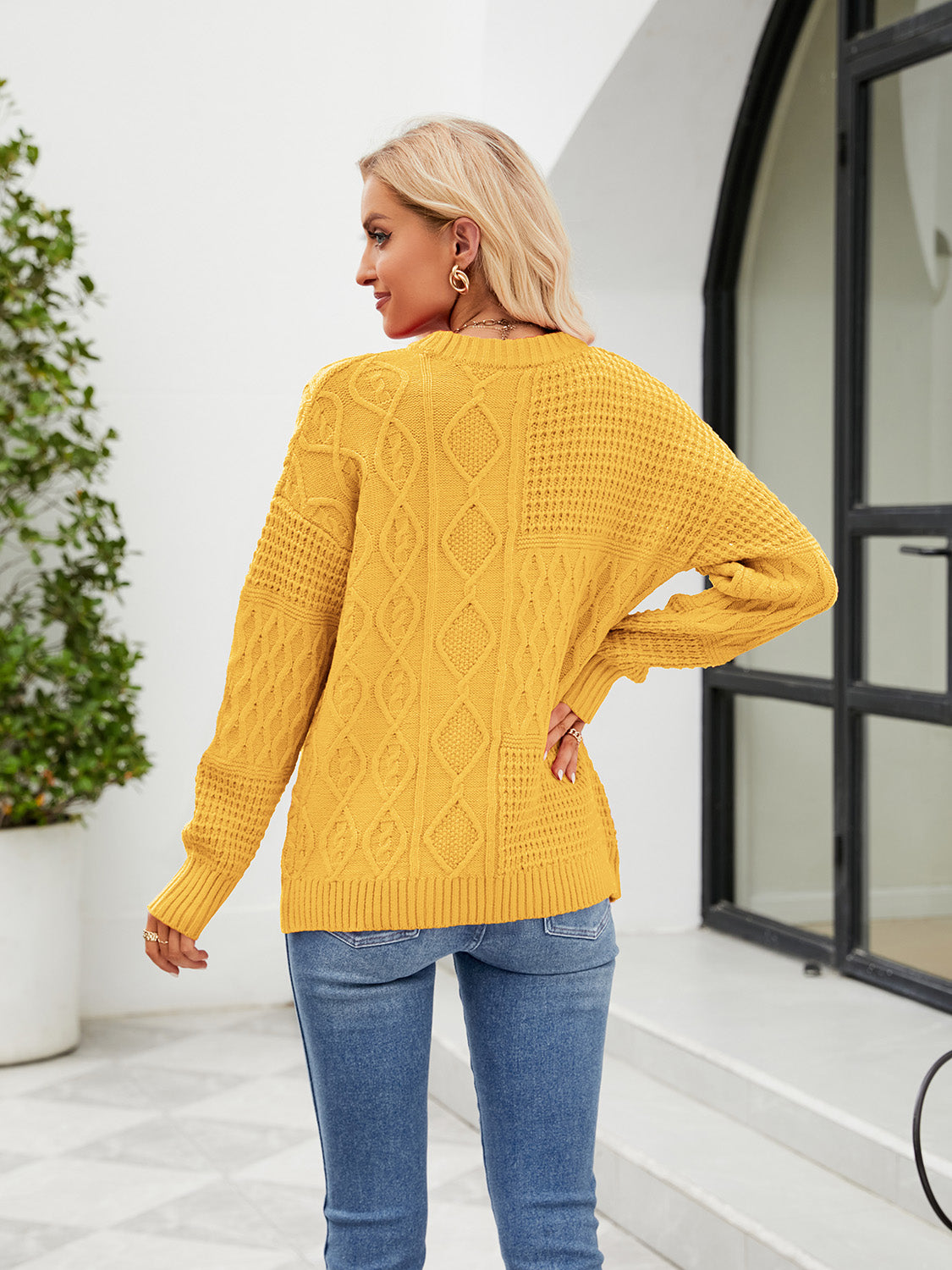Round Neck Dropped Shoulder Ribbed Sweater BLUE ZONE PLANET