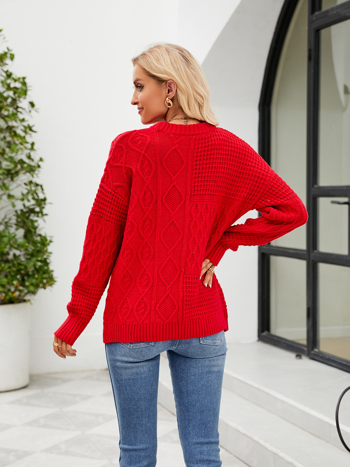 Round Neck Dropped Shoulder Ribbed Sweater BLUE ZONE PLANET