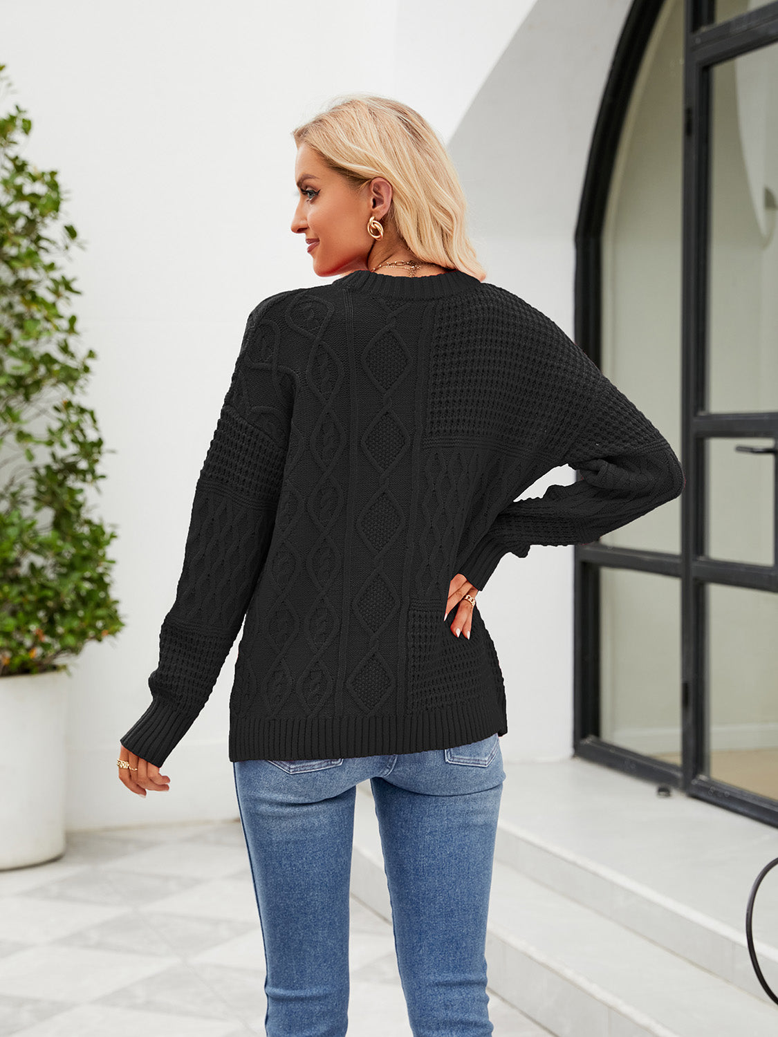Round Neck Dropped Shoulder Ribbed Sweater BLUE ZONE PLANET