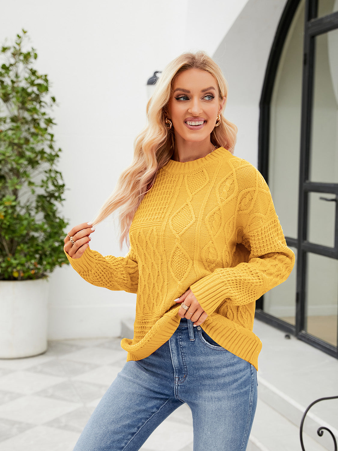 Round Neck Dropped Shoulder Ribbed Sweater BLUE ZONE PLANET