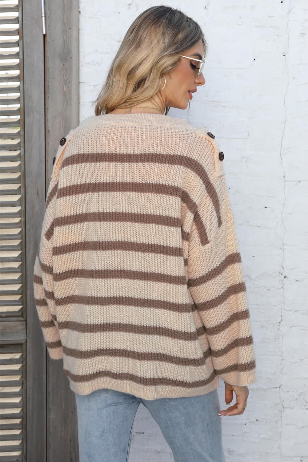 Round Neck Dropped Shoulder Striped Sweater BLUE ZONE PLANET