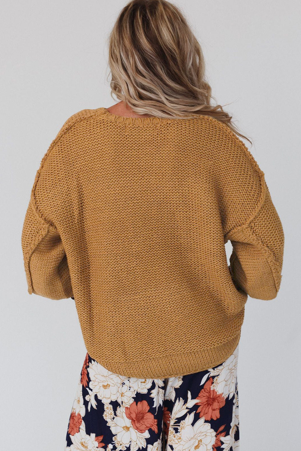 Round Neck Dropped Shoulder Three-Quarter Sleeve Sweater BLUE ZONE PLANET