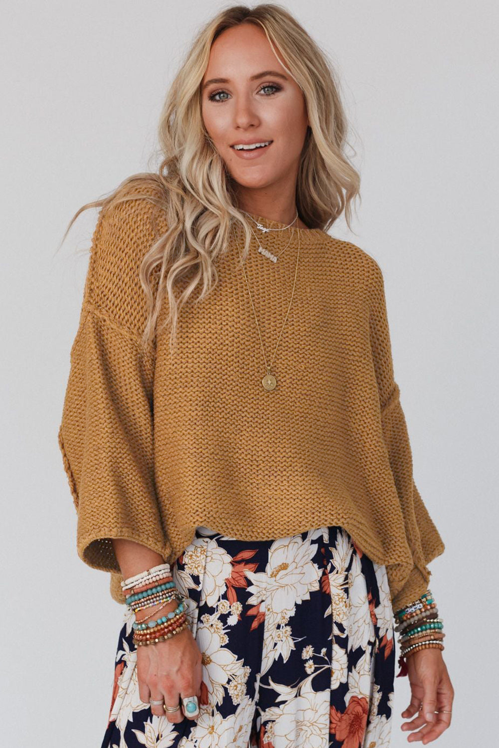 Round Neck Dropped Shoulder Three-Quarter Sleeve Sweater BLUE ZONE PLANET