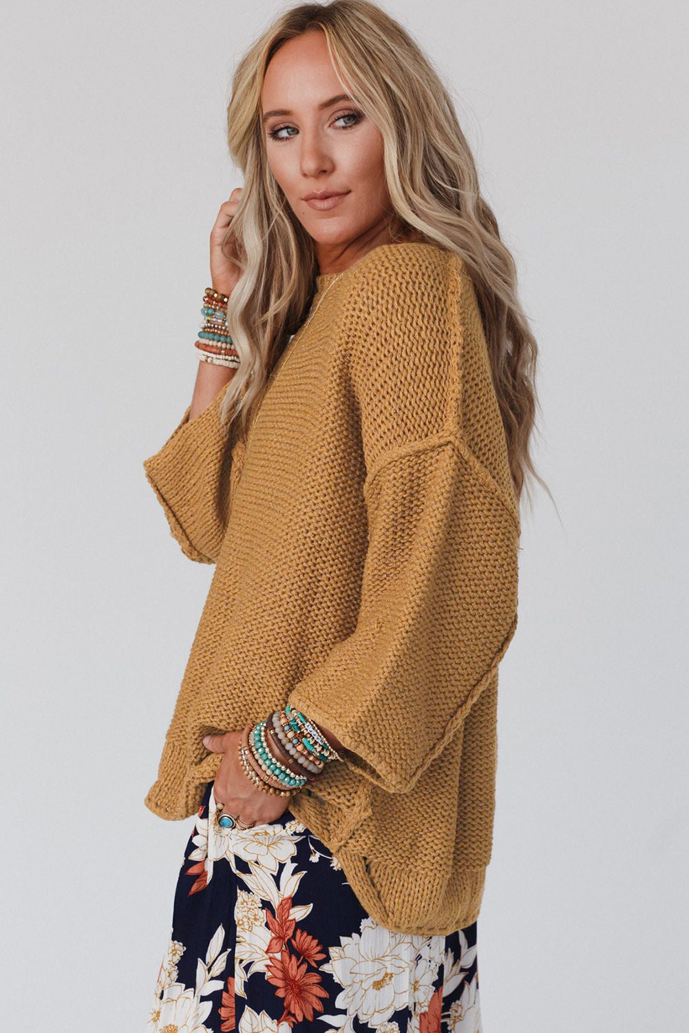 Round Neck Dropped Shoulder Three-Quarter Sleeve Sweater BLUE ZONE PLANET