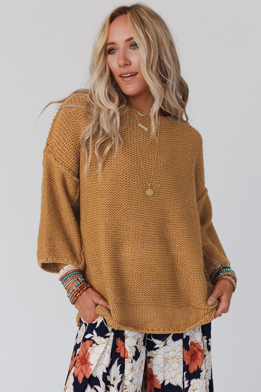 Round Neck Dropped Shoulder Three-Quarter Sleeve Sweater BLUE ZONE PLANET