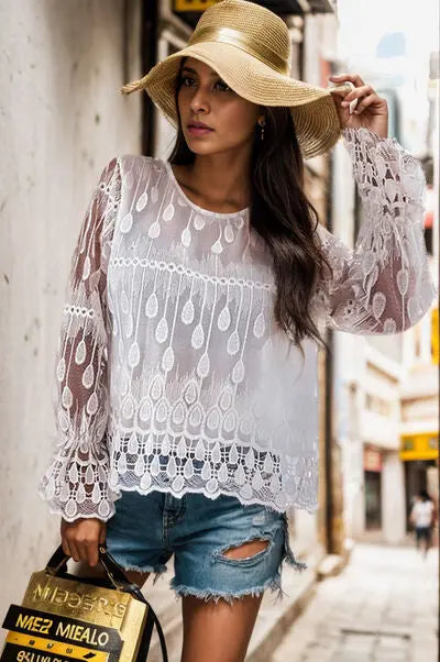 Round Neck Flounce Sleeve Blouse BLUE ZONE PLANET