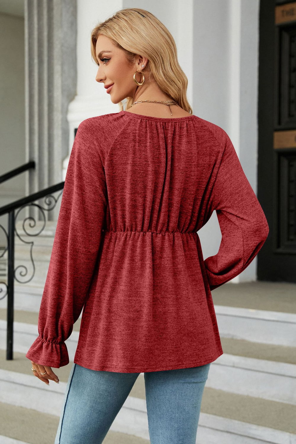 Round Neck Flounce Sleeve Blouse BLUE ZONE PLANET