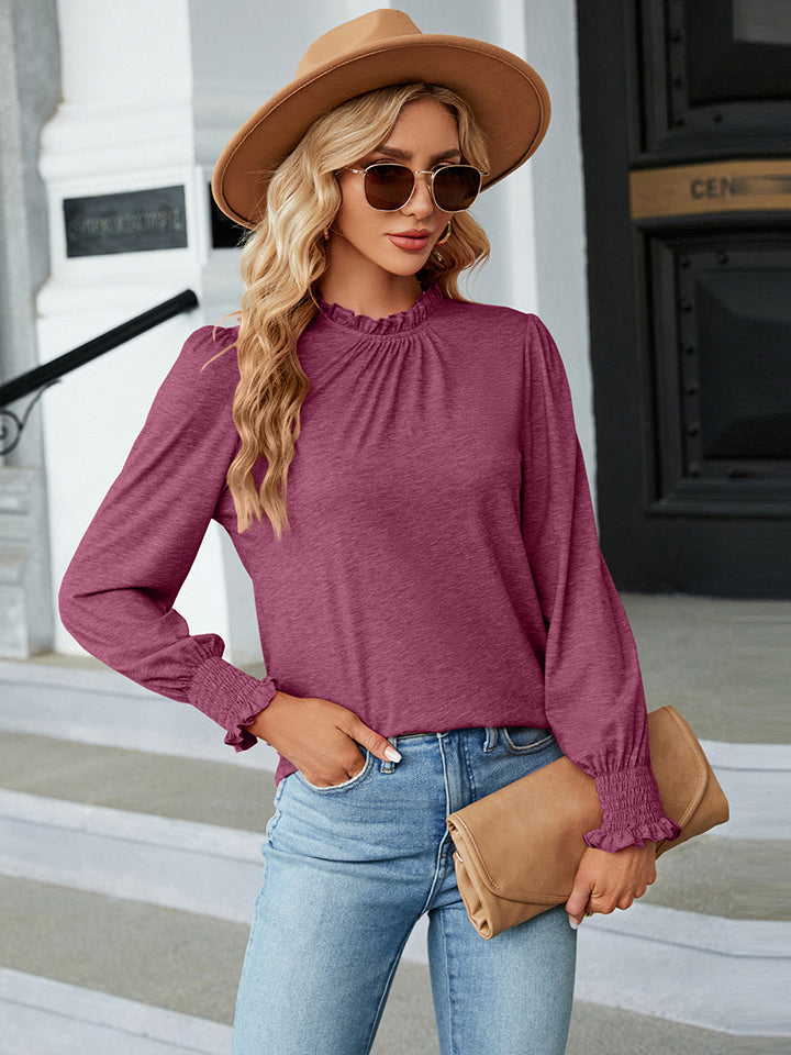 Round Neck Flounce Sleeve Blouse BLUE ZONE PLANET