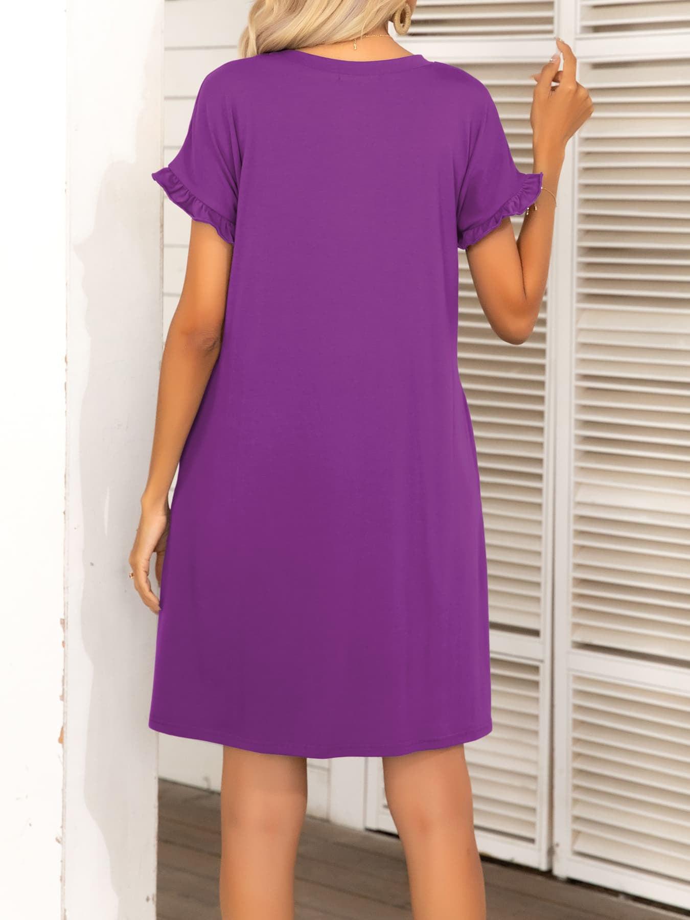 Round Neck Flounce Sleeve Dress with Pockets BLUE ZONE PLANET