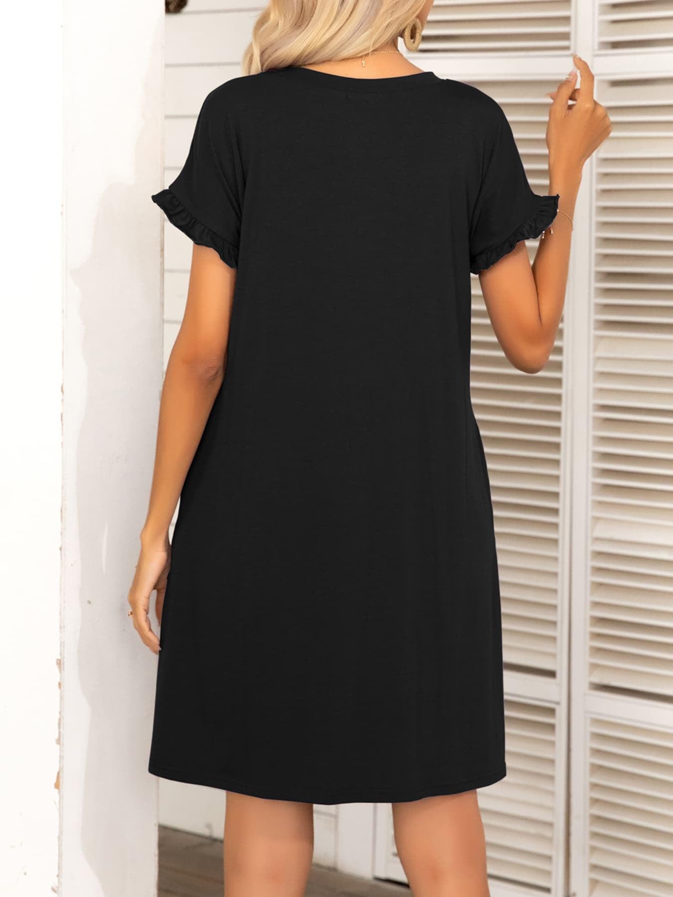 Round Neck Flounce Sleeve Dress with Pockets BLUE ZONE PLANET