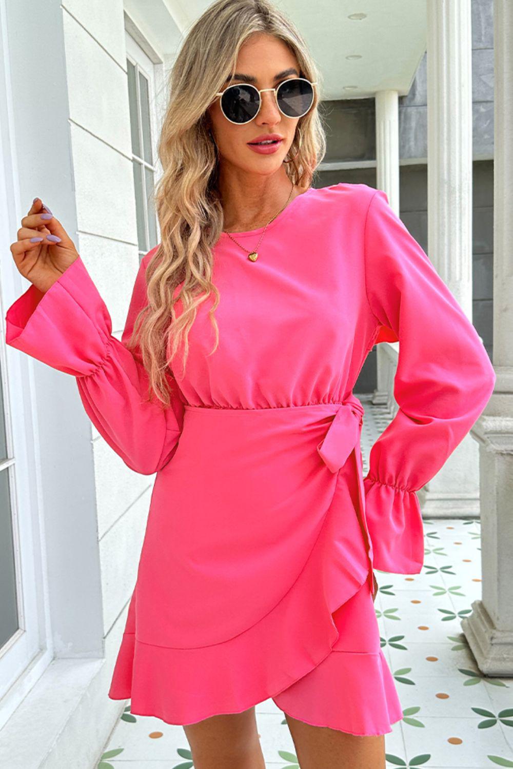 Round Neck Flounce Sleeve Ruffle Hem Mini Dress BLUE ZONE PLANET