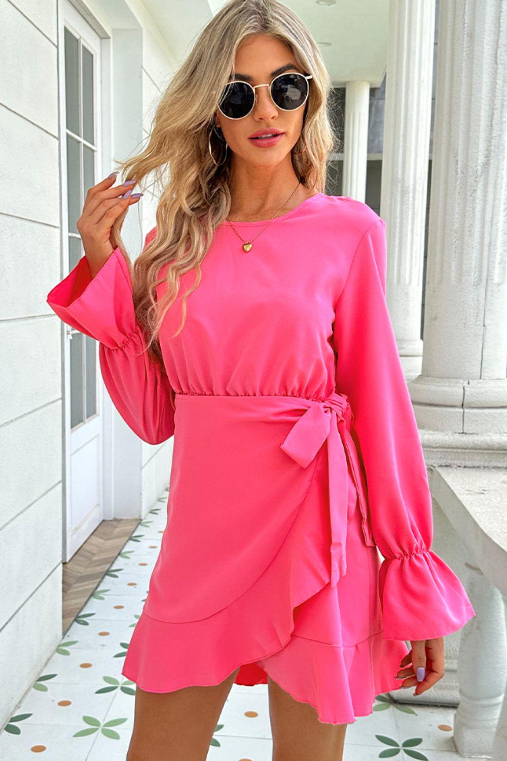 Round Neck Flounce Sleeve Ruffle Hem Mini Dress BLUE ZONE PLANET