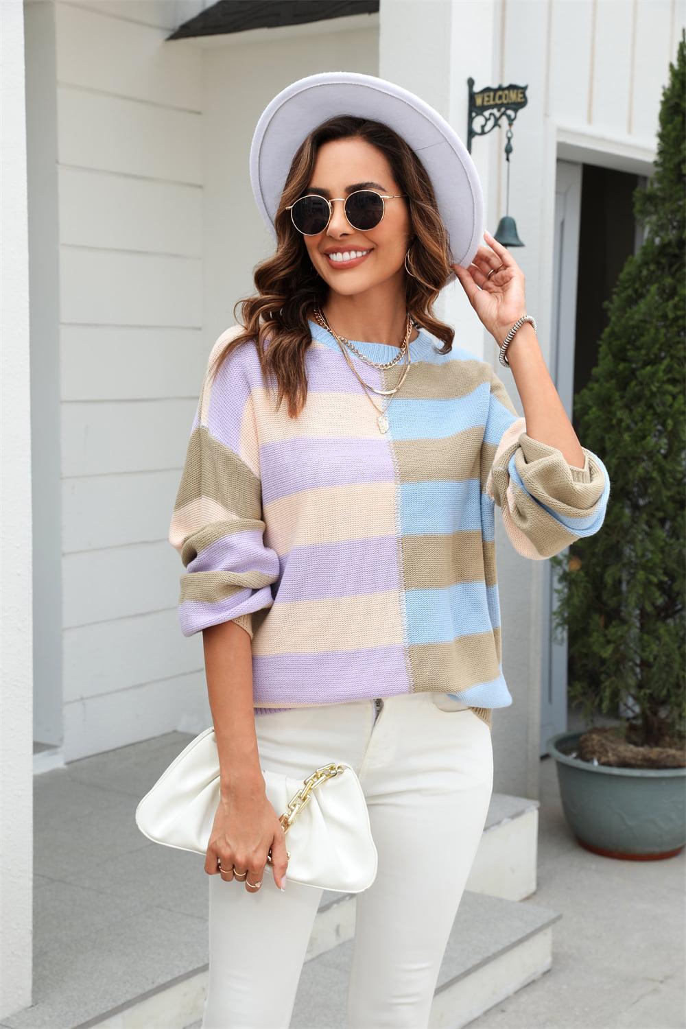 Round Neck Long Sleeve Color Block Dropped Shoulder Pullover Sweater BLUE ZONE PLANET