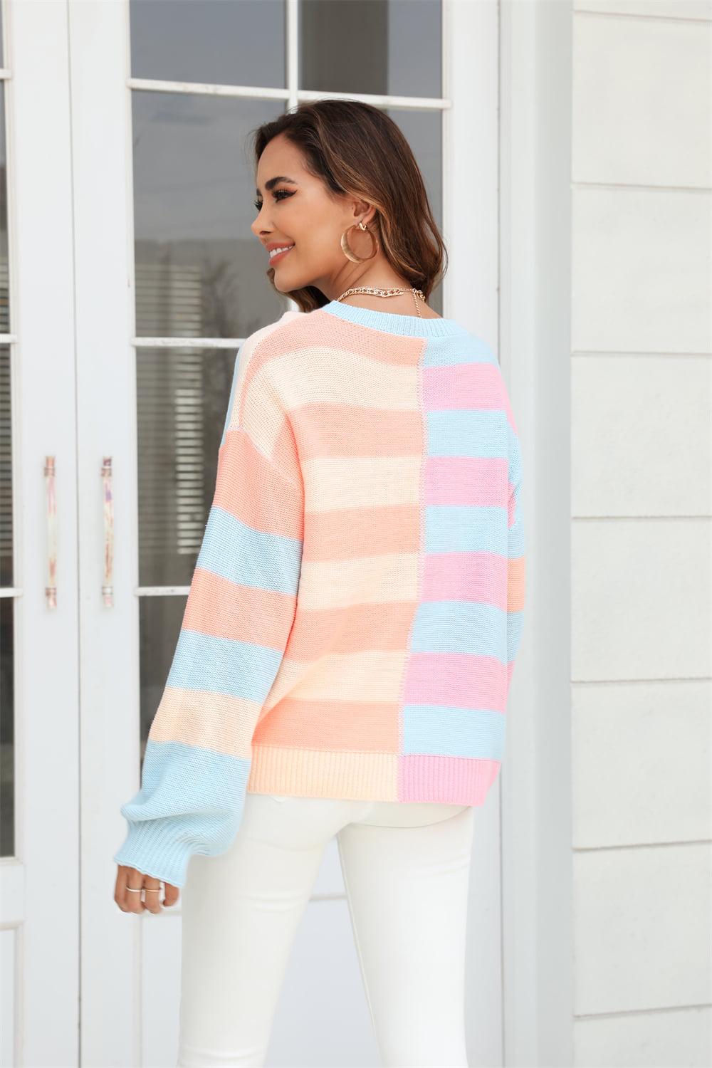 Round Neck Long Sleeve Color Block Dropped Shoulder Pullover Sweater BLUE ZONE PLANET