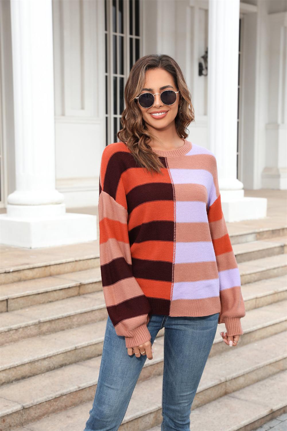Round Neck Long Sleeve Color Block Dropped Shoulder Pullover Sweater BLUE ZONE PLANET