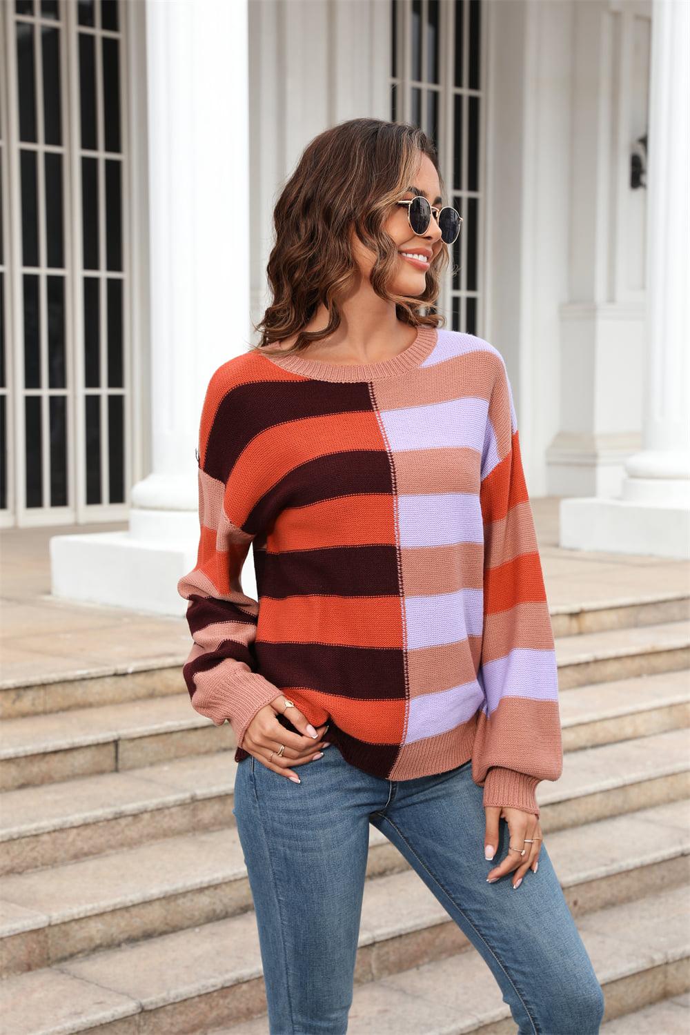 Round Neck Long Sleeve Color Block Dropped Shoulder Pullover Sweater BLUE ZONE PLANET