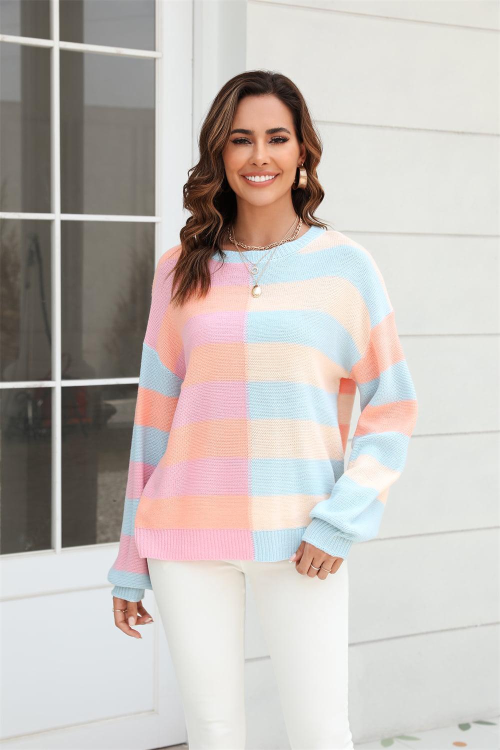 Round Neck Long Sleeve Color Block Dropped Shoulder Pullover Sweater BLUE ZONE PLANET