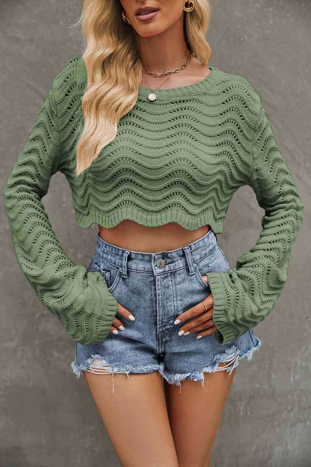 Round Neck Long Sleeve Cropped Sweater BLUE ZONE PLANET