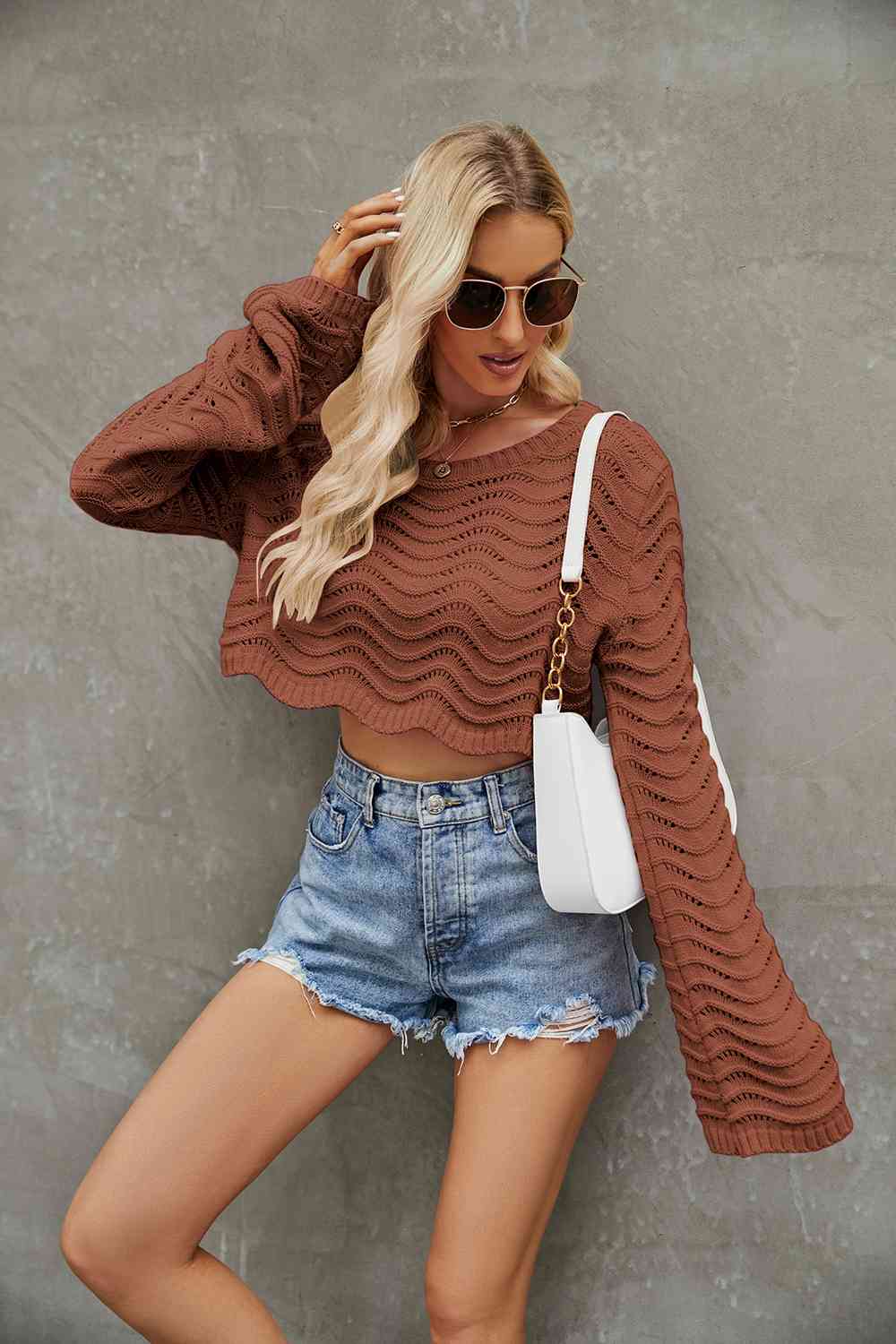 Round Neck Long Sleeve Cropped Sweater BLUE ZONE PLANET