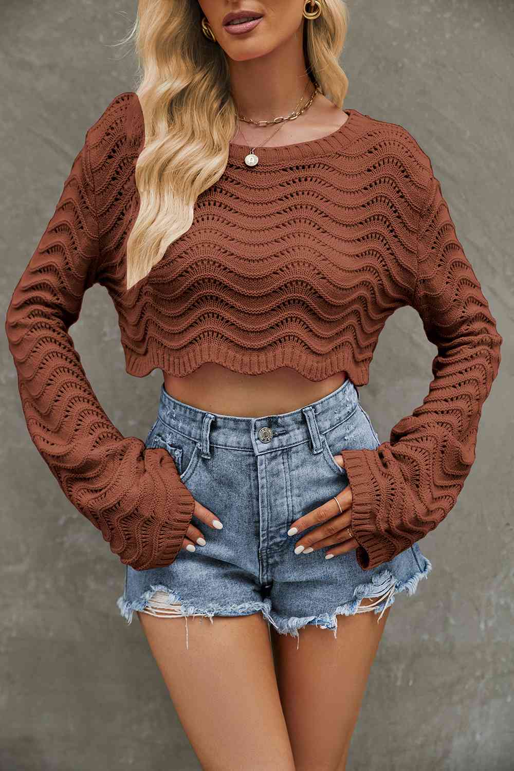 Round Neck Long Sleeve Cropped Sweater BLUE ZONE PLANET