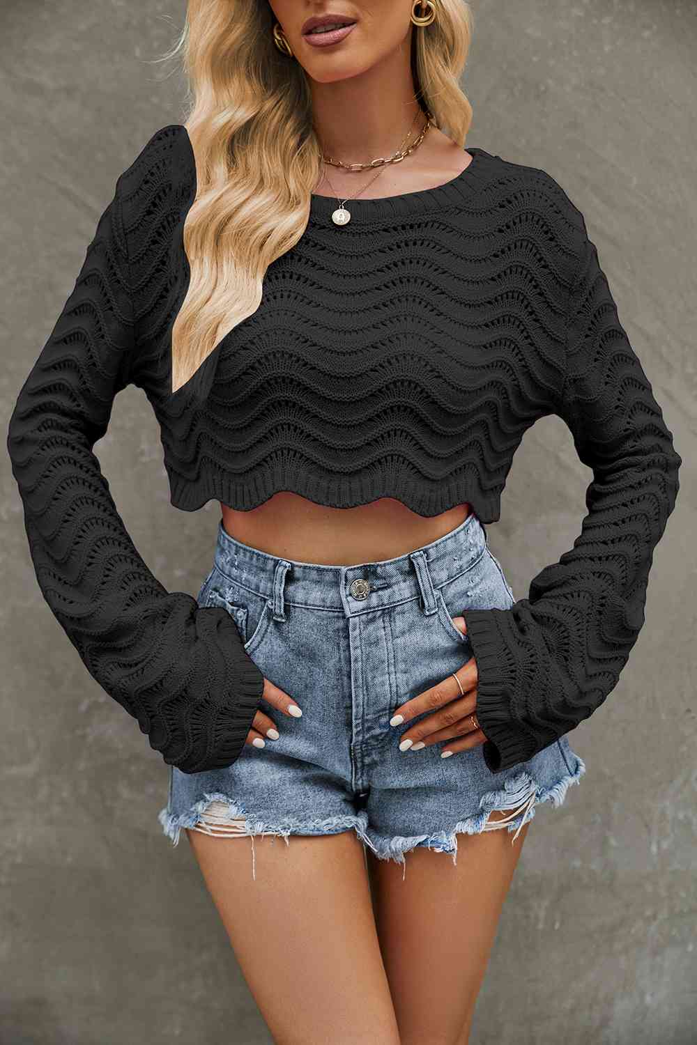 Round Neck Long Sleeve Cropped Sweater BLUE ZONE PLANET