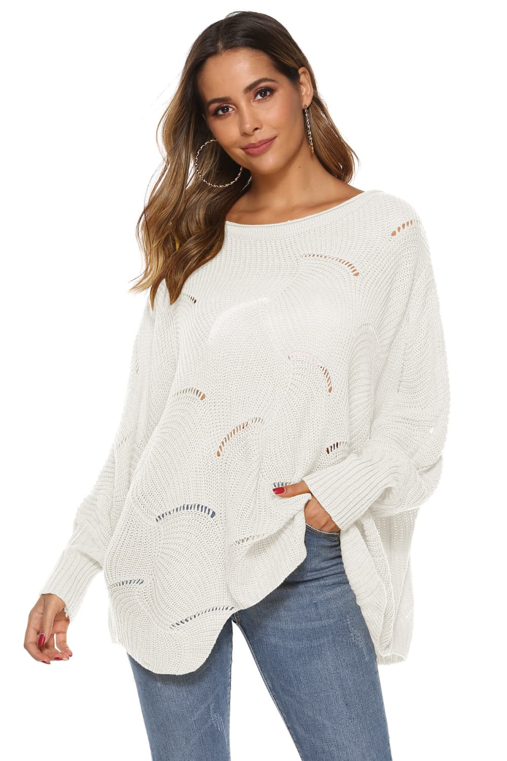 Round Neck Long Sleeve Openwork Sweater BLUE ZONE PLANET