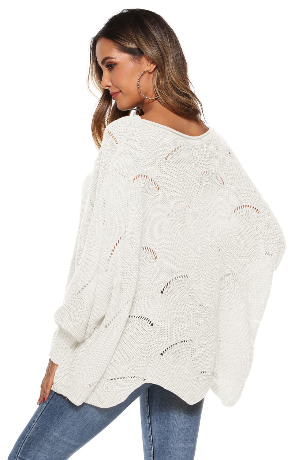 Round Neck Long Sleeve Openwork Sweater BLUE ZONE PLANET
