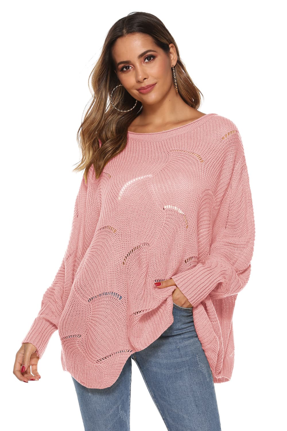 Round Neck Long Sleeve Openwork Sweater BLUE ZONE PLANET