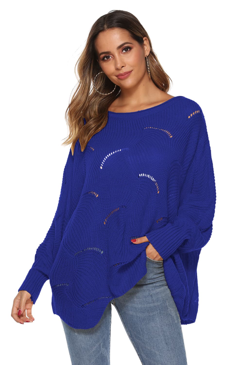 Round Neck Long Sleeve Openwork Sweater BLUE ZONE PLANET