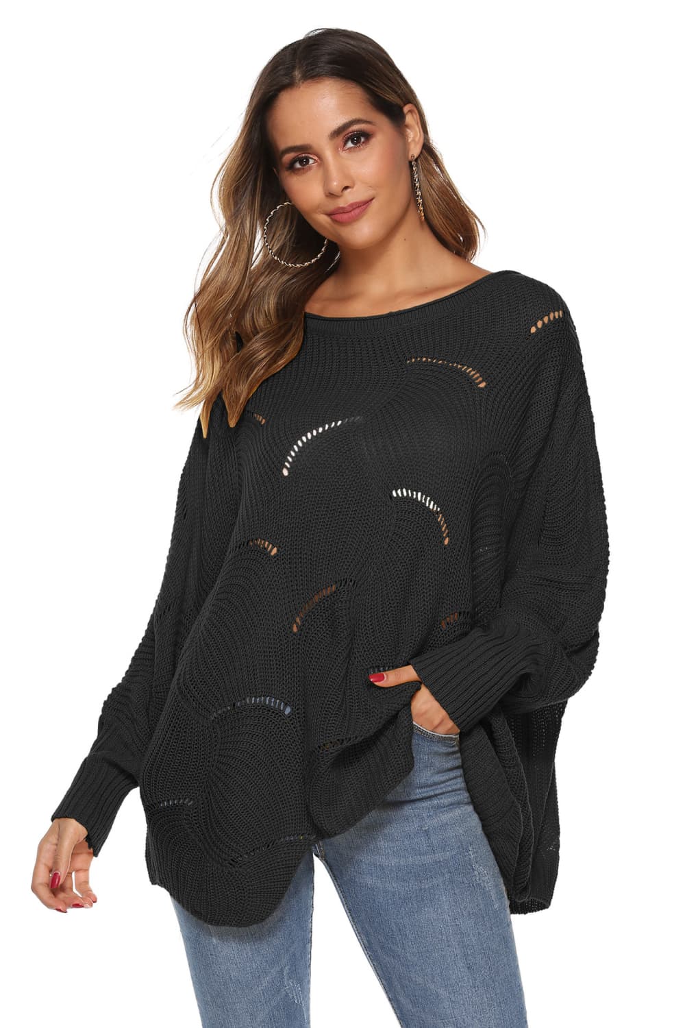 Round Neck Long Sleeve Openwork Sweater BLUE ZONE PLANET