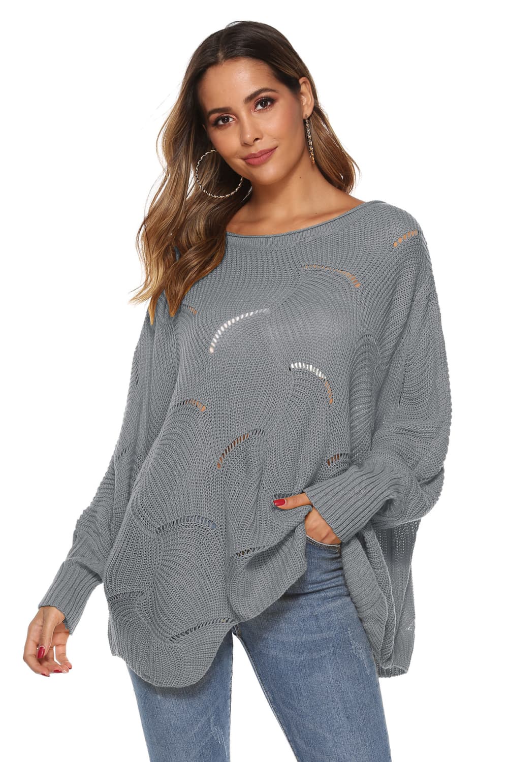 Round Neck Long Sleeve Openwork Sweater BLUE ZONE PLANET