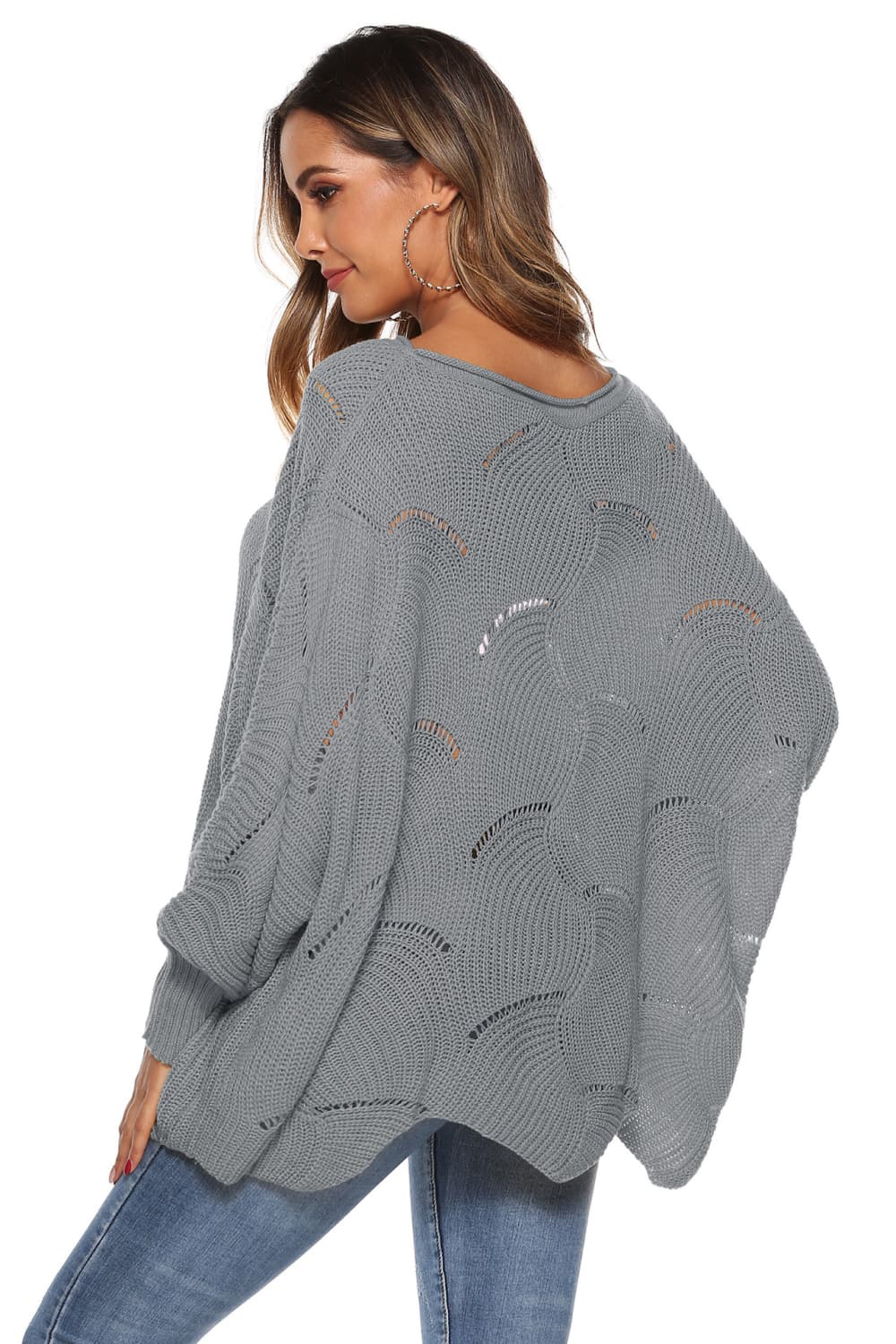 Round Neck Long Sleeve Openwork Sweater BLUE ZONE PLANET