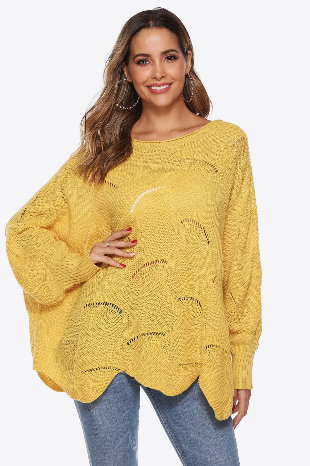 Round Neck Long Sleeve Openwork Sweater BLUE ZONE PLANET