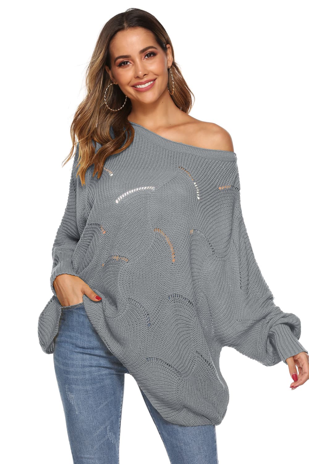 Round Neck Long Sleeve Openwork Sweater BLUE ZONE PLANET