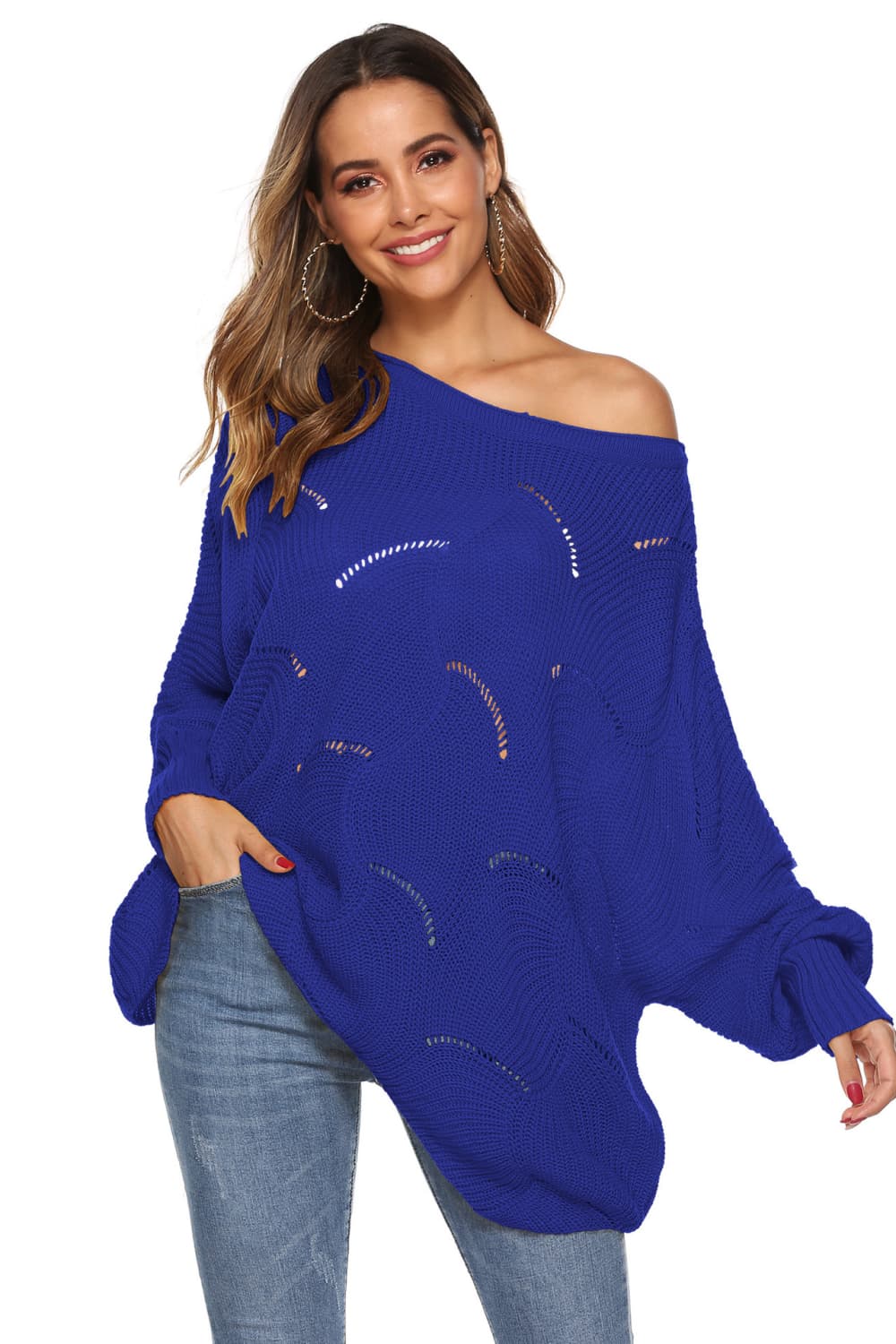 Round Neck Long Sleeve Openwork Sweater BLUE ZONE PLANET