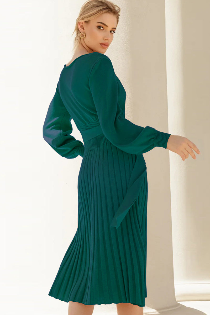 Round Neck Long Sleeve Pleated Sweater Dress BLUE ZONE PLANET