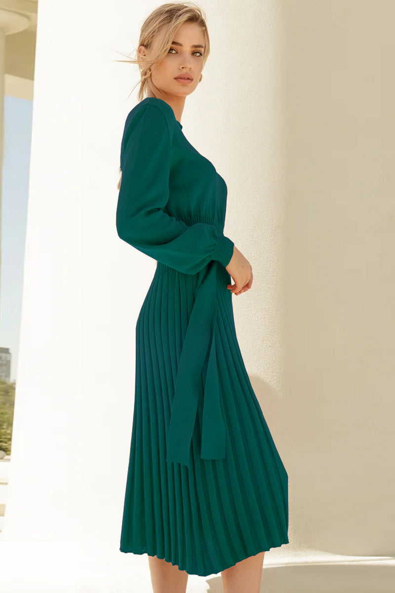 Round Neck Long Sleeve Pleated Sweater Dress BLUE ZONE PLANET