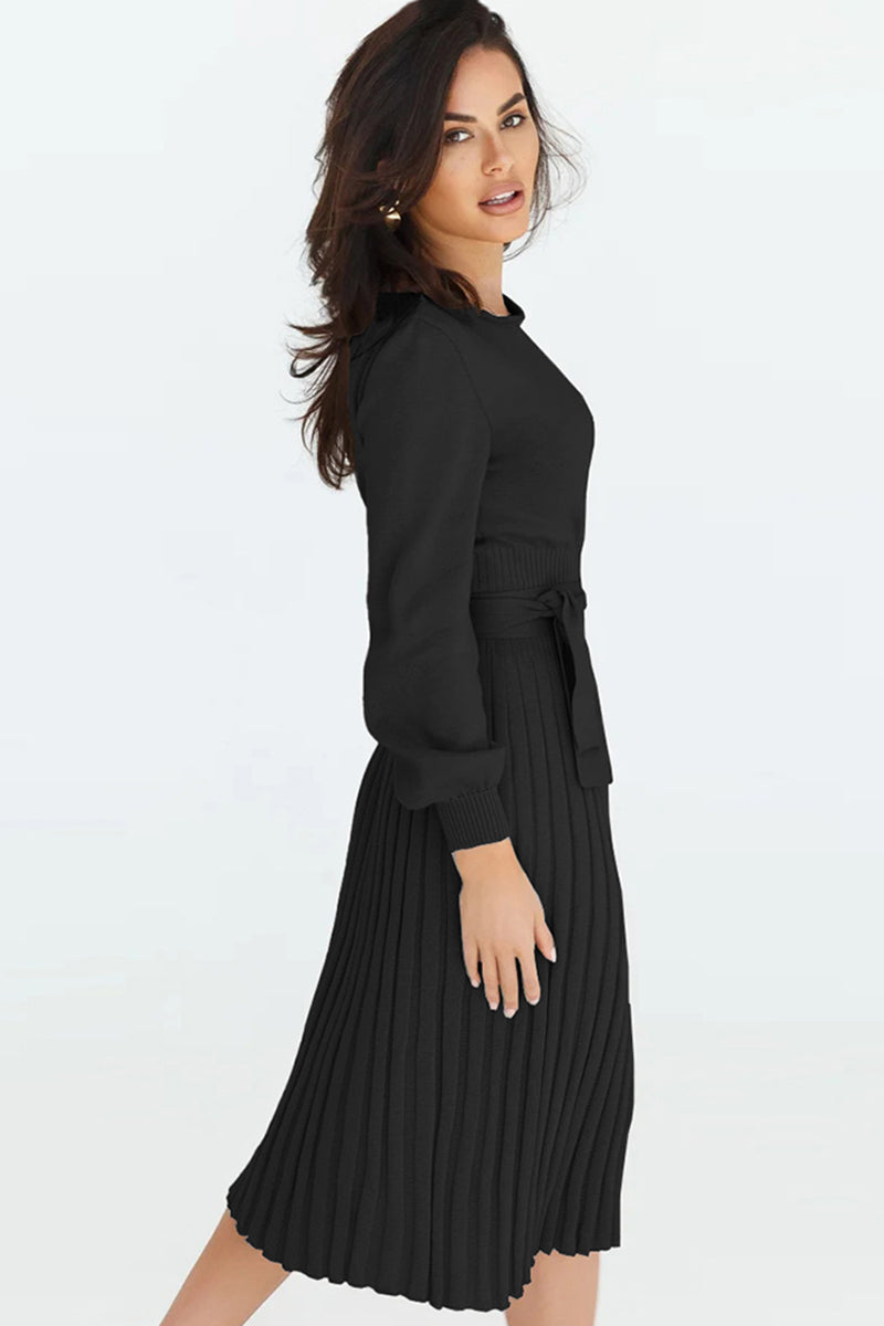 Round Neck Long Sleeve Pleated Sweater Dress BLUE ZONE PLANET