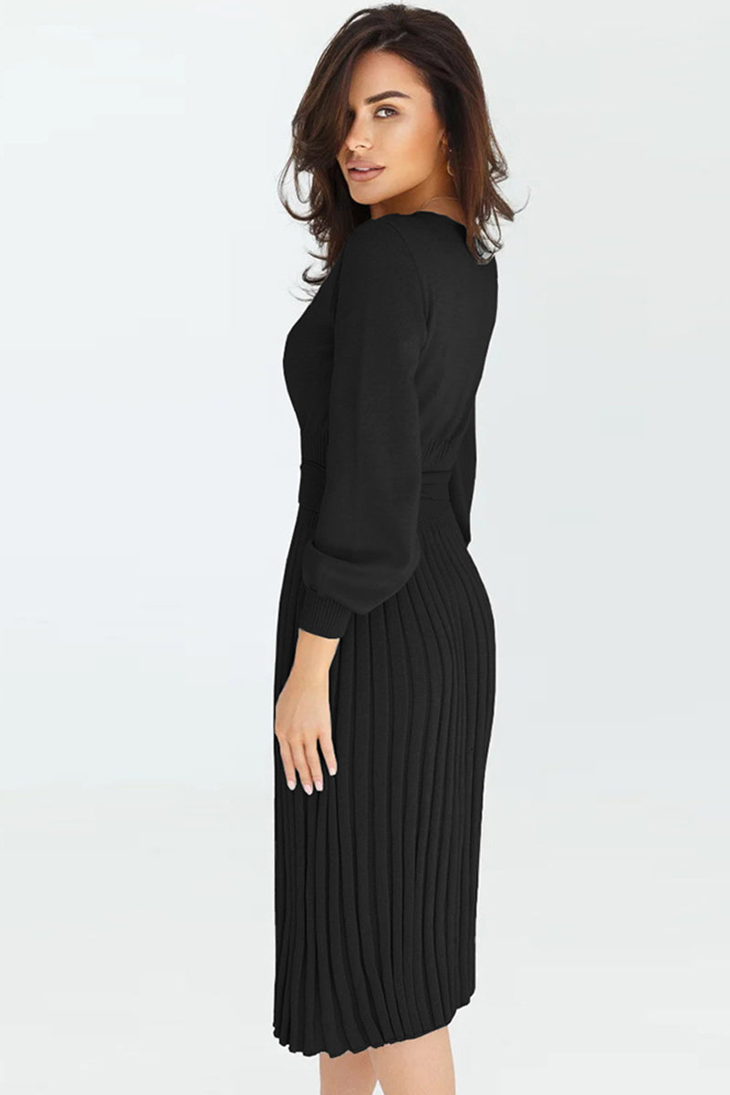 Round Neck Long Sleeve Pleated Sweater Dress BLUE ZONE PLANET