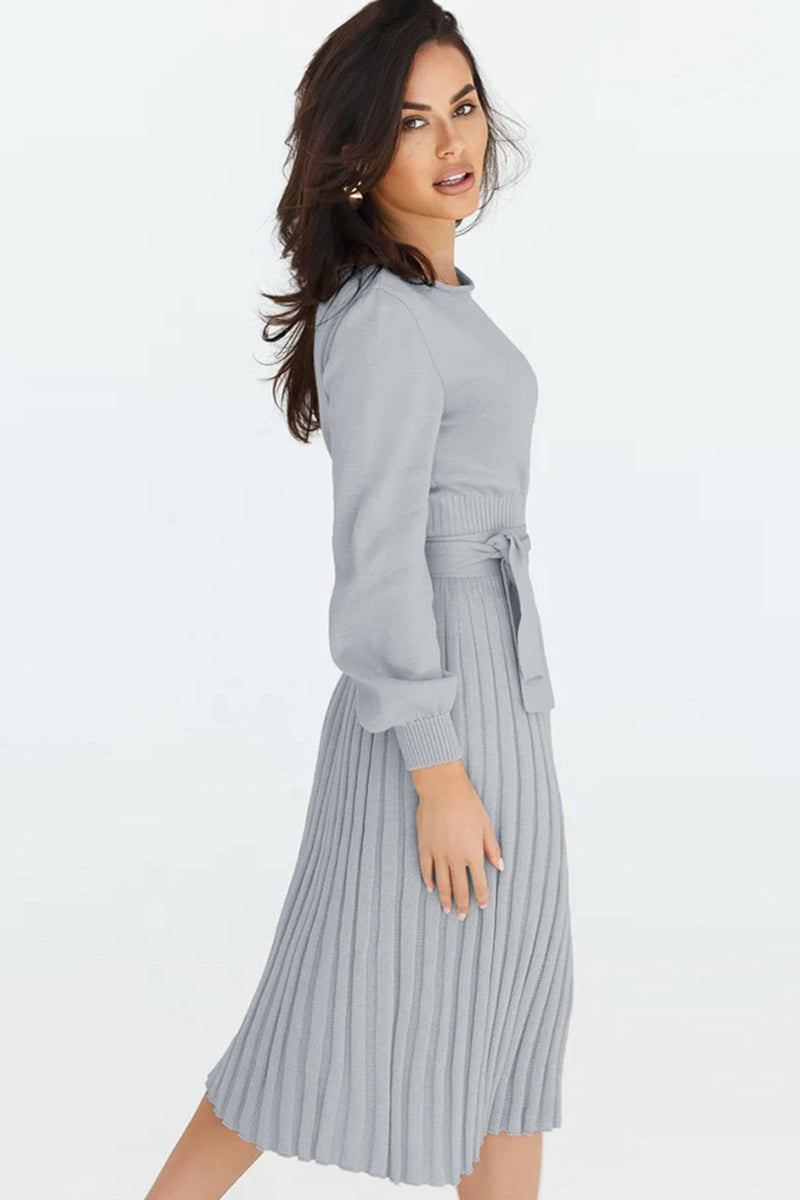 Round Neck Long Sleeve Pleated Sweater Dress BLUE ZONE PLANET