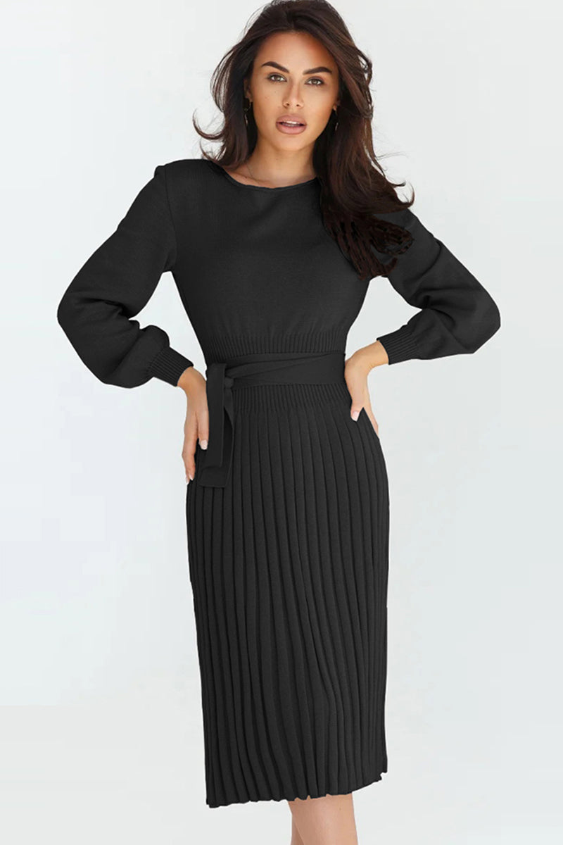 Round Neck Long Sleeve Pleated Sweater Dress BLUE ZONE PLANET