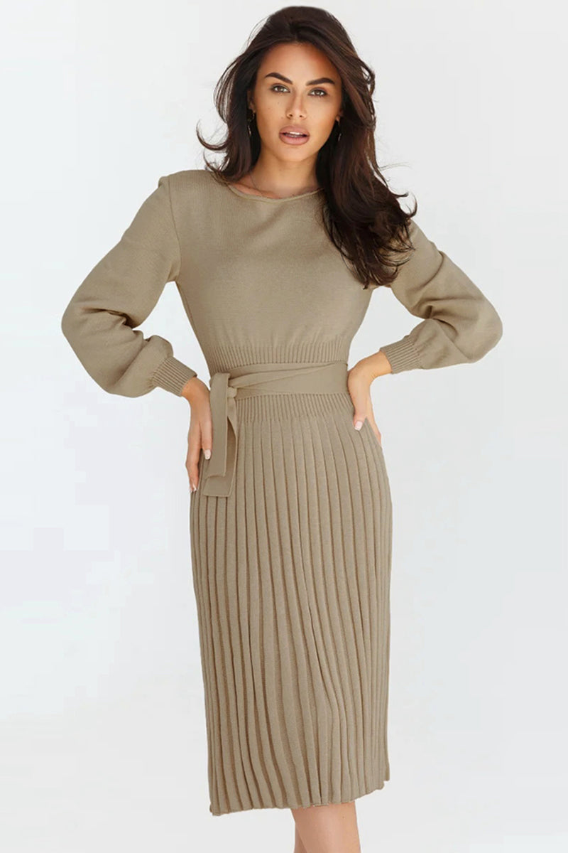 Round Neck Long Sleeve Pleated Sweater Dress BLUE ZONE PLANET