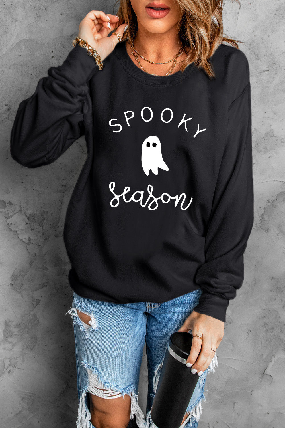 Blue Zone Planet | Round Neck Long Sleeve SPOOKY SEASON Graphic Sweatshirt BLUE ZONE PLANET